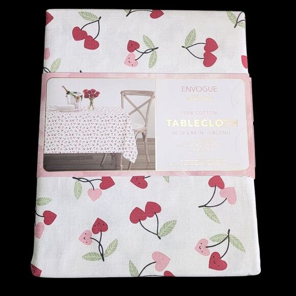 Envogue Shabby Chic Hearts And Cherries Design Cotton Tablecloth 60x84in Oblong - Picture 8 of 8